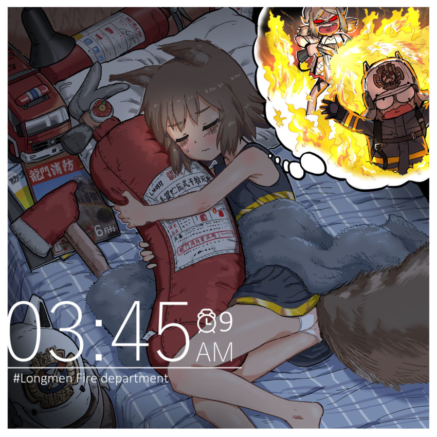 2girls alarm_clock alternate_costume animal_ears_helmet arknights black_gloves brown_hair burning clock commentary_request dreaming fire_axe fire_extinguisher fire_helmet fire_jacket fire_truck firefighter flamethrower gloves gobgokao ground_vehicle highres horns ifrit_(arknights) lying motor_vehicle multiple_girls nightmare object_hug on_bed on_side open_mouth oxygen_tank panties pillow pillow_hug platinum_blonde_hair red_eyes shaw_(arknights) sleeping squirrel_girl squirrel_tail tail underwear weapon