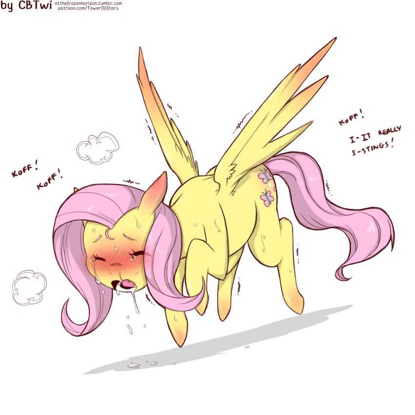 1:1 blush bodily_fluids cold-blooded-twilight drooling equid equine eyes_closed female feral fluttershy_(mlp) friendship_is_magic hi_res mammal my_little_pony open_mouth pterippus saliva simple_background solo sweat white_background wings