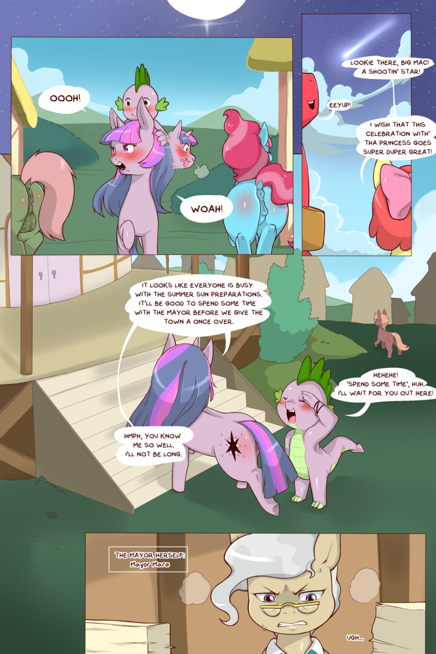 2:3 anus apple_bloom_(mlp) balls big_macintosh_(mlp) blush bow brother brother_and_sister building butt cold-blooded-twilight comic dialogue dragon english_text equid eyewear female feral friendship_is_magic genitals gesture glasses hi_res male mammal mature_female mayor_mare_(mlp) mrs._cake_(mlp) my_little_pony purple_body pussy reddened_butt salute sibling sister spike_(mlp) text twilight_sparkle_(mlp)