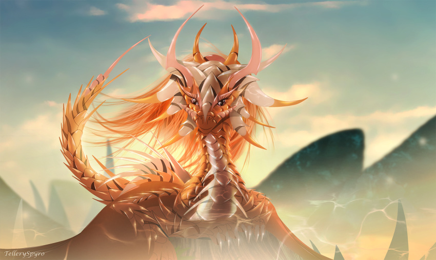 2020 claws day detailed_background digital_media_(artwork) dragon eyelashes fur hi_res horn membrane_(anatomy) membranous_wings orange_body orange_fur outside scalie sky telleryspyro western_dragon wings