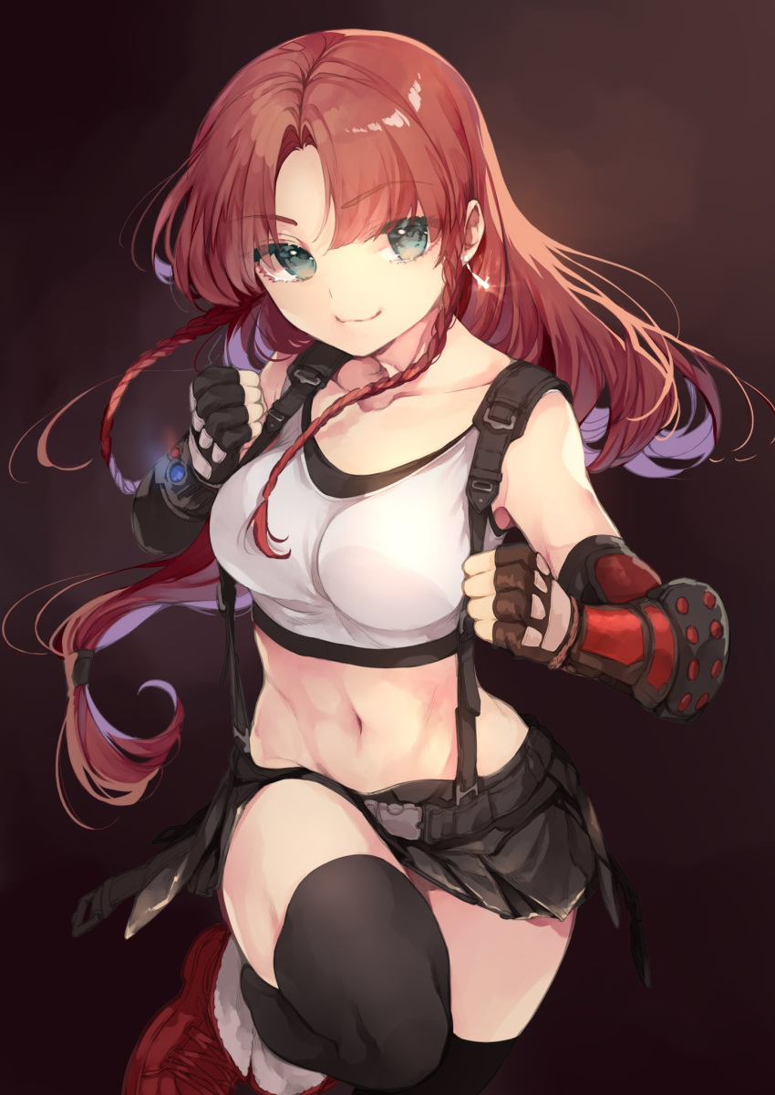 1girl bangs black_skirt braid breasts clenched_hands collarbone commentary_request cosplay crop_top elbow_pads eyebrows_visible_through_hair fingerless_gloves gloves green_eyes highres hong_meiling long_hair looking_at_viewer low-tied_long_hair midriff miniskirt navel red_footwear red_hair risui_(suzu_rks) shoes skirt smile solo suspender_skirt suspenders tank_top tifa_lockhart tifa_lockhart_(cosplay) touhou twin_braids