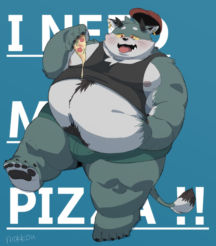 2020 anthro belly blue_background blush bulge clothing food green_body hat headgear headwear hi_res horn kemono male mammal moobs nipples overweight overweight_male pizza pubes shirt simple_background solo text tongue tongue_out topwear underwear uokkom