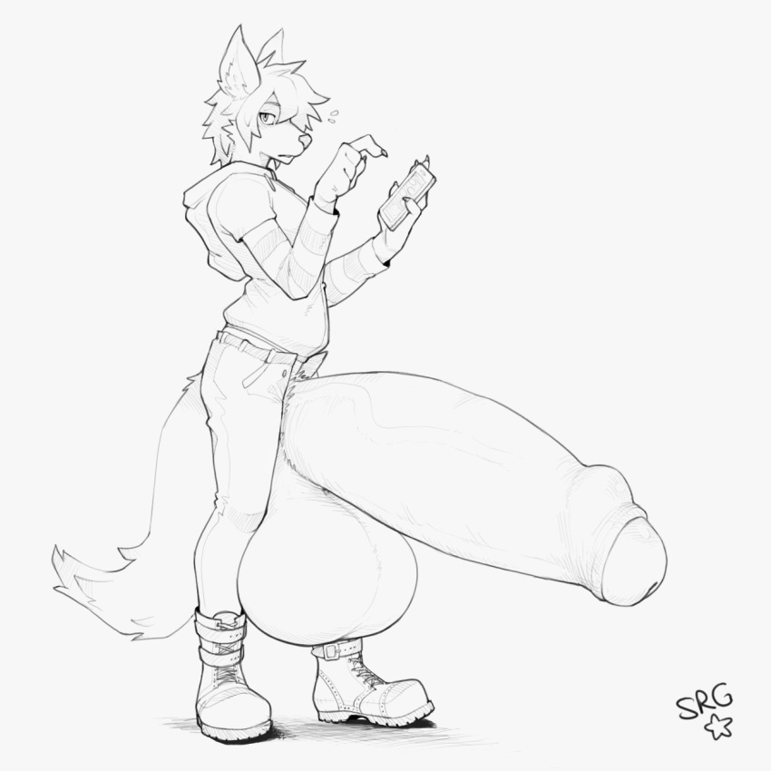 1:1 anthro balls big_balls big_penis bodily_fluids boots canid canine clothed clothing footwear genitals glistening half-erect hi_res huge_balls huge_penis hyper hyper_balls hyper_genitalia hyper_penis looking_at_viewer male mammal monochrome penis phone signature simple_background smolrainbowgoat solo sweat uncut vein veiny_penis