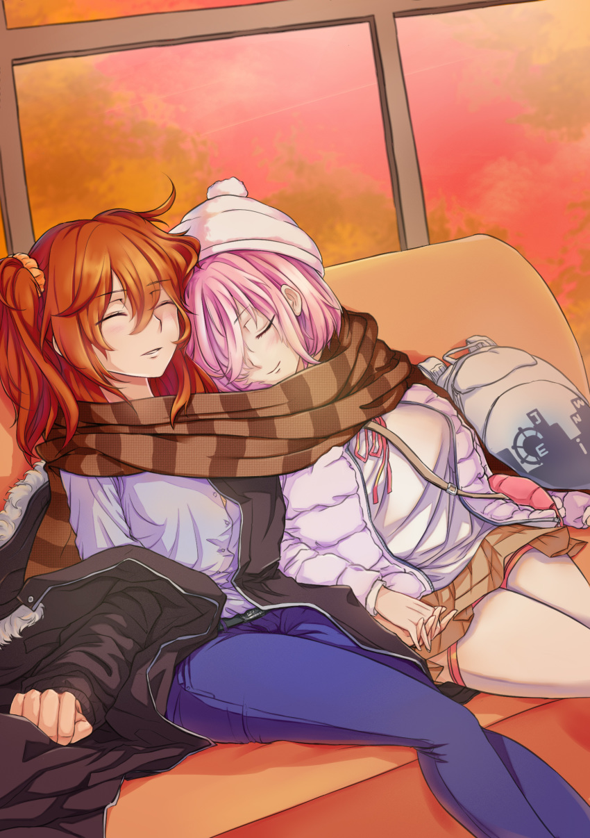 2girls absurdres blush breasts denim einj fate/grand_order fate_(series) fujimaru_ritsuka_(female) hair_between_eyes head_on_another's_shoulder highres holding_hands jacket jeans mash_kyrielight medium_breasts medium_hair multiple_girls off_shoulder orange_hair pants purple_hair scarf shared_scarf short_hair side_ponytail sleeping smile striped striped_scarf winter yuri