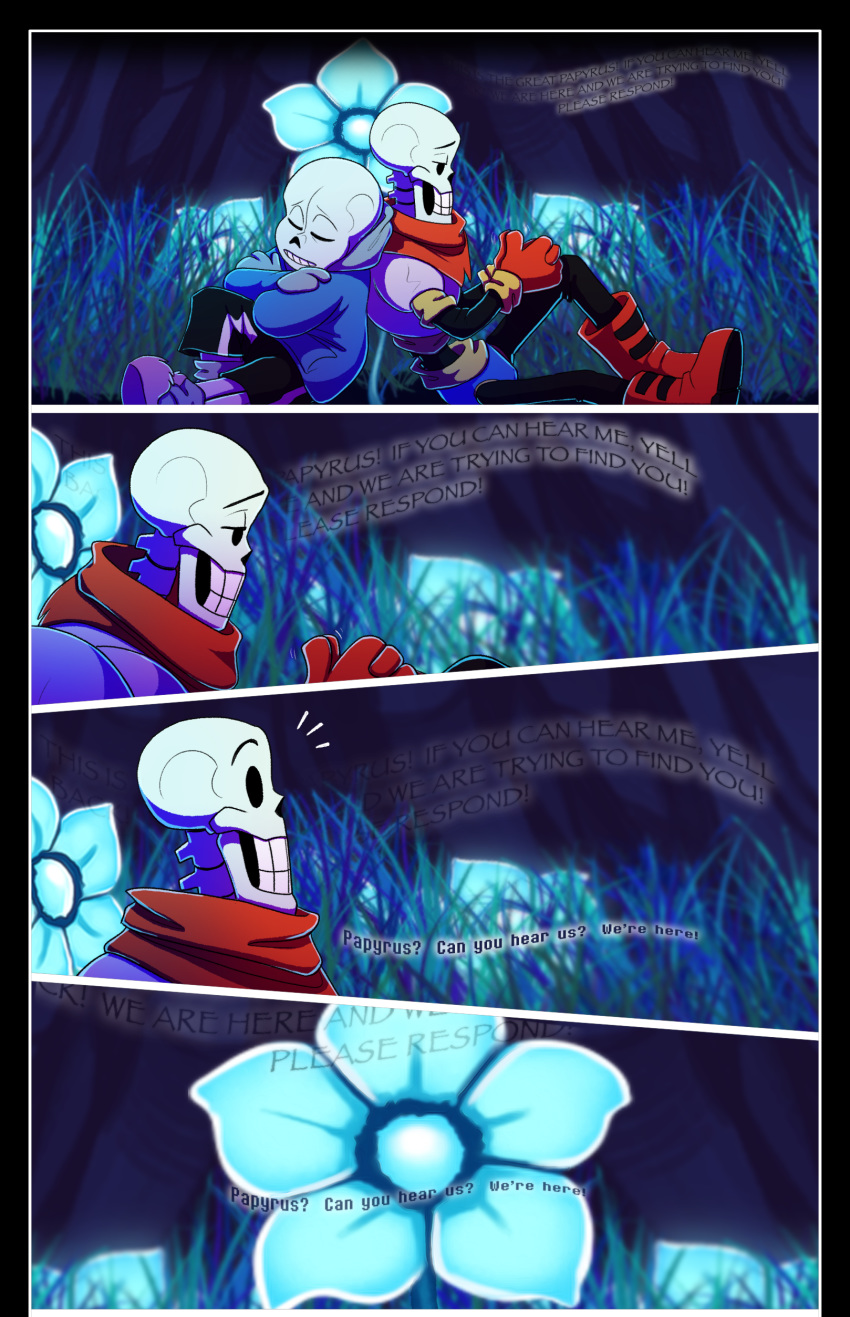 absolutedream absurd_res animated_skeleton anthro bone comic dialogue duo echo_flower english_text grass hi_res male papyrus_(undertale) sans_(undertale) skeleton sleeping text undead undertale video_games