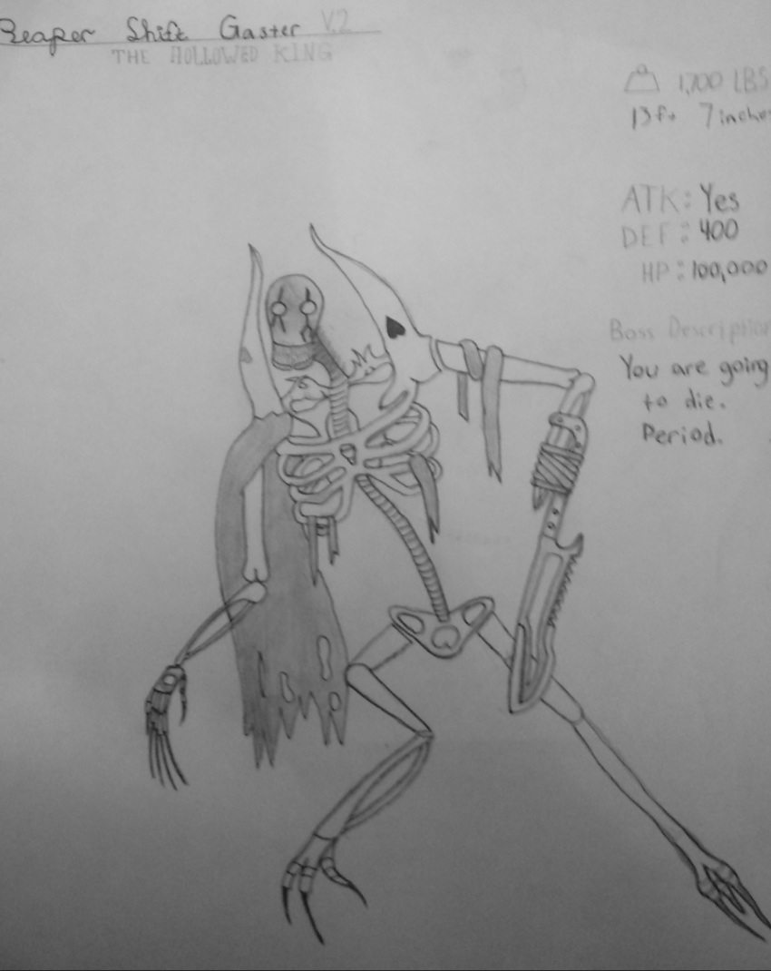 blade_arm bone clothed clothing fan_character furadon gaster hi_res male monochrome monster nightmare_fuel partially_clothed skeleton solo text undertale video_games weapon