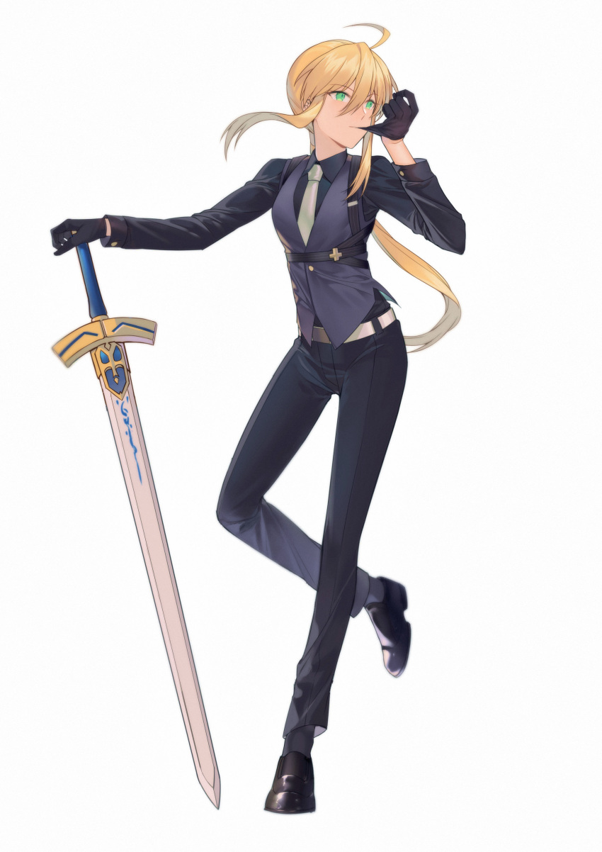 1girl absurdres ahoge artoria_pendragon_(all) black_gloves blonde_hair blue_vest excalibur fate/zero fate_(series) formal glove_in_mouth gloves green_eyes hair_between_eyes highres long_hair mouth_hold pants ponytail saber solo suit sword vest weapon yorukun