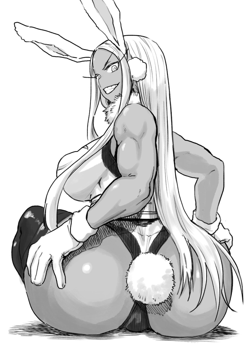 1girl animal_ears ass bare_arms bare_shoulders boku_no_hero_academia breasts bunny_ears bunny_girl bunny_tail dark_skin dekosukentr from_behind hand_on_own_ass highres huge_ass large_breasts leotard long_hair looking_at_viewer muscle muscular_female simple_background sitting sleeveless solo tail teeth thighhighs thong_leotard usagiyama_rumi white_background
