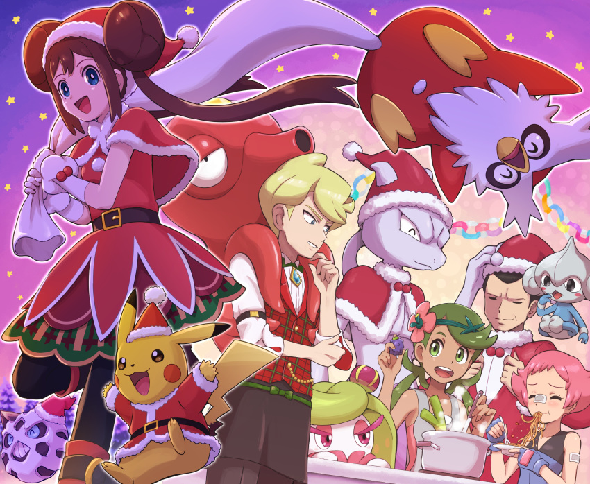 2boys 3girls absurdres black_hair blonde_hair blue_eyes brown_hair delibird glalie green_eyes green_hair hat highres mao_(pokemon) meditite mei_(pokemon) mewtwo multiple_boys multiple_girls octillery pikachu pink_hair pokemoa pokemon pokemon_(game) pokemon_masters pot sack sakaki_(pokemon) santa_costume santa_hat snow spring_onion star_(sky) sumomo_(pokemon) tagme tsareena zumi_(pokemon)