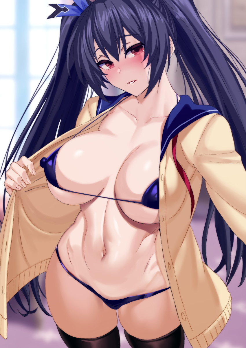 1girl absurdres alternate_breast_size black_hair black_legwear blush breasts eyebrows_visible_through_hair hair_between_eyes hand_on_own_face highres large_breasts long_hair looking_at_viewer navel neptune_(series) noire nyamota red_eyes skindentation slingshot_swimsuit smile solo swimsuit twintails very_long_hair