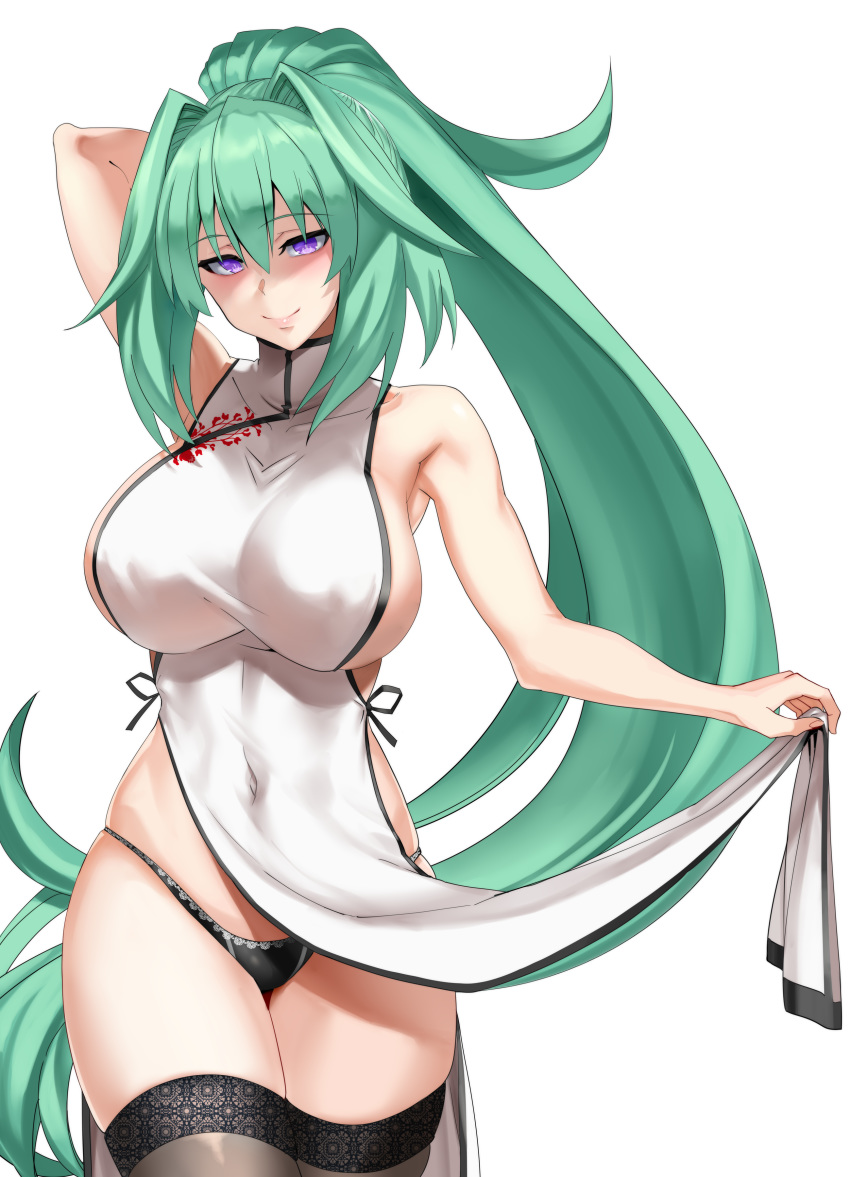 1girl absurdres bare_shoulders black_legwear black_panties blush brave_neptune breasts china_dress chinese_clothes dress green_hair green_heart hair_ornament highres large_breasts long_hair looking_at_viewer neptune_(series) nyamota open_mouth panties ponytail purple_eyes smile solo thighhighs underwear very_long_hair