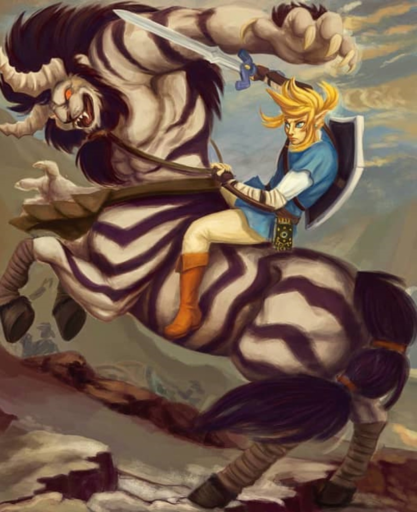 breath_of_the_wild equid equid_taur fan_character hi_res link lynel makayla male mammal mammal_taur mount mountplay napoleon_crossing_the_alps nintendo riding taur the_legend_of_zelda video_games