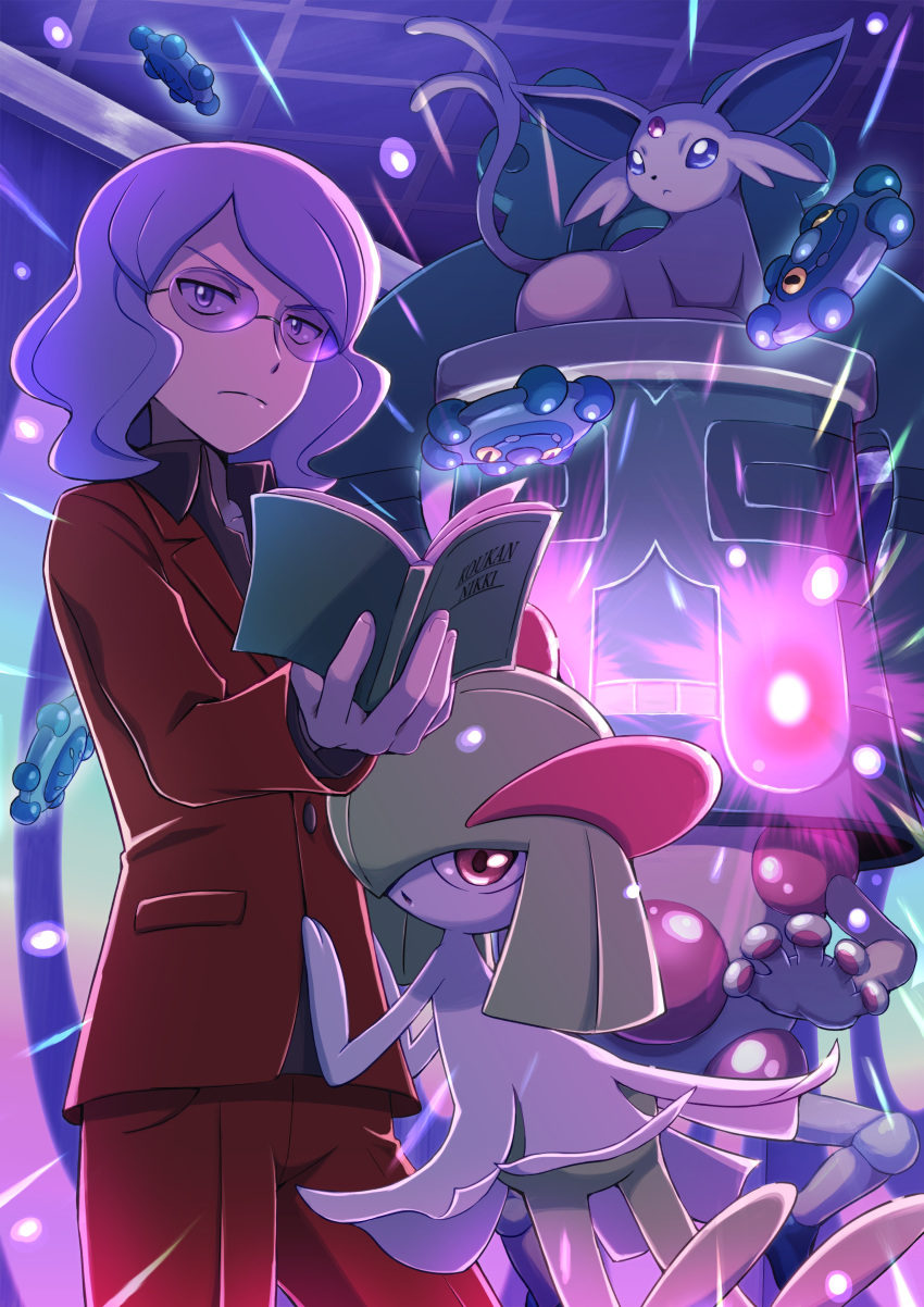 1boy absurdres animal_on_head book bronzong bronzor espeon glasses glowing glowing_eyes goyou_(pokemon) highres holding holding_book kirlia mr._mime on_head pokemoa pokemon pokemon_(game) pokemon_dppt purple_hair red_eyes tagme tinted_eyewear wavy_hair