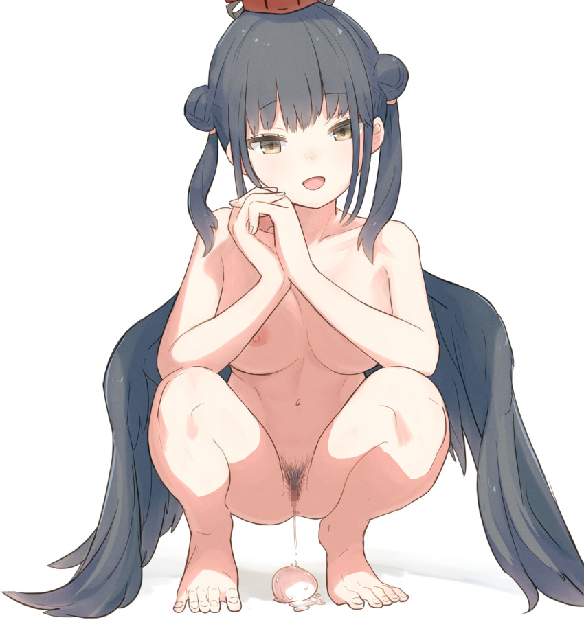 1girl :d barefoot black_hair black_wings breasts censored collarbone commentary completely_nude double_bun egg egg_laying eyebrows_visible_through_hair female_pubic_hair full_body hat highres large_breasts looking_at_viewer miyako_(naotsugu) mosaic_censoring navel nijisanji nipples nude own_hands_together pubic_hair pussy pussy_juice pussy_juice_trail simple_background smile solo squatting two_side_up virtual_youtuber white_background wings yamagami_karuta yellow_eyes