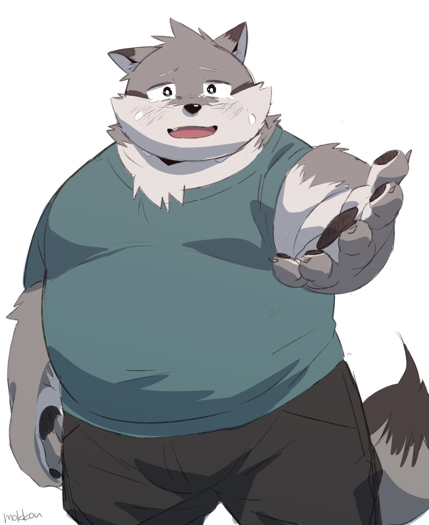 2020 anthro belly black_nose bodily_fluids bottomwear bulge canid canine clothing crying hi_res humanoid_hands kemono male mammal overweight overweight_male shirt shorts simple_background solo tears topwear uokkom white_background