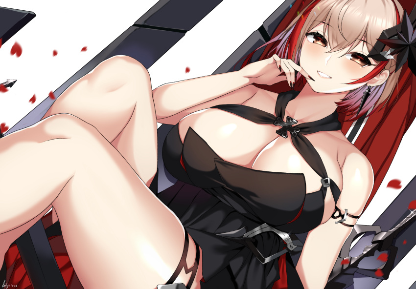 absurdres armlet azur_lane bare_legs bare_shoulders black_dress blonde_hair breasts brown_eyes cleavage dress dutch_angle grin highres iron_cross large_breasts lilycious multicolored_hair red_hair roon_(azur_lane) smile thigh_strap thighs yandere