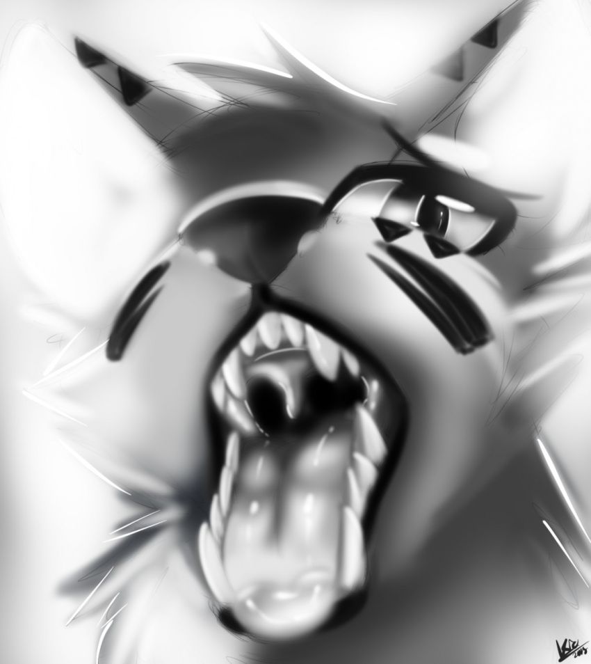 2018 ambiguous_gender bodily_fluids bust_portrait canid canine canis dated digital_media_(artwork) digital_painting_(artwork) domestic_dog ear_markings facial_markings fangs feral fur grey_background greyscale hair head_markings herding_dog hi_res kio_(tinymunch) mammal markings monochrome mouth_shot nude open_mouth palate pastoral_dog portrait presenting presenting_mouth saliva shaded signature simple_background solo teeth throat tinymunch tongue tongue_out uvula welsh_corgi