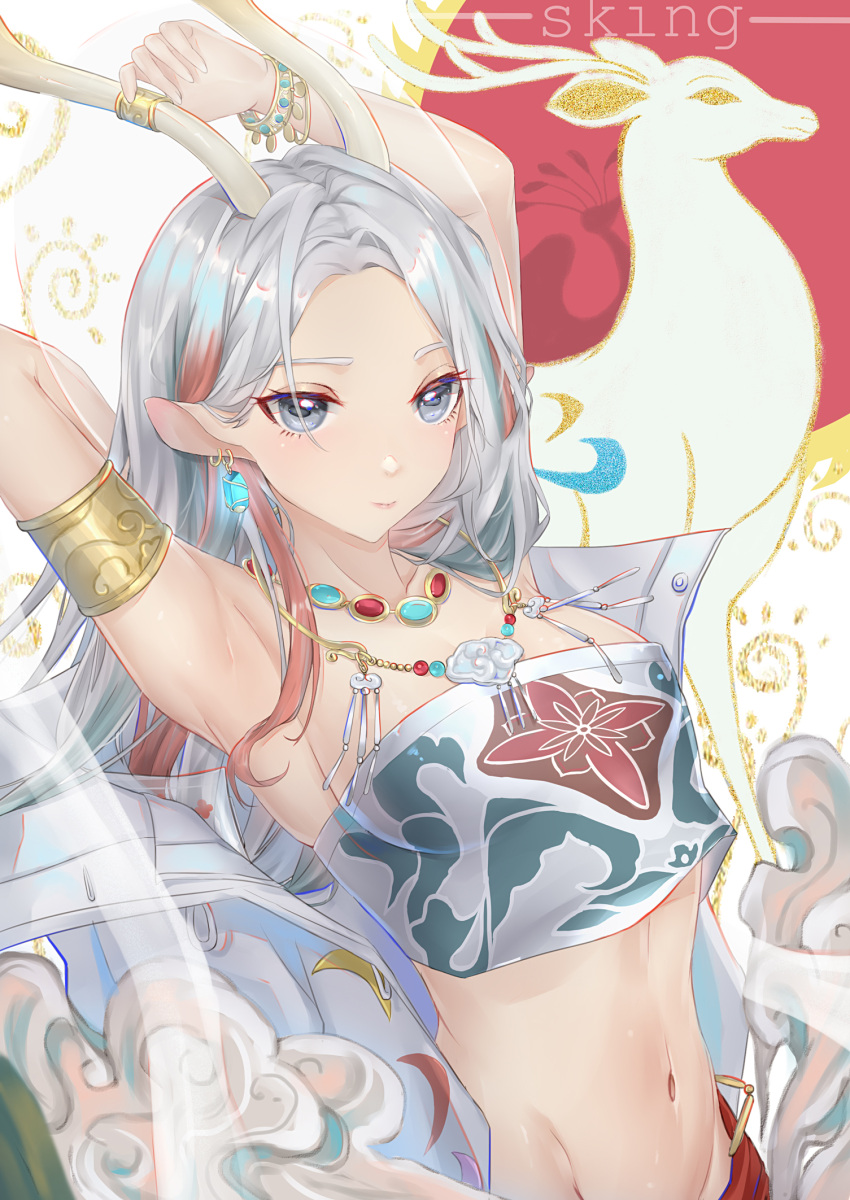 1girl a_deer_of_nine_colors animal_ears arknights armlet armpits arms_behind_head arms_up artist_name bracelet chinese_commentary closed_mouth commentary_request crop_top deer_antlers deer_ears deer_girl ear_piercing grey_eyes highres jacket jacket_removed jewelry long_hair looking_at_viewer multicolored_hair navel necklace nine-colored_deer partial_commentary piercing red_eyes silver_hair sking smile solo stomach streaked_hair upper_body white_jacket