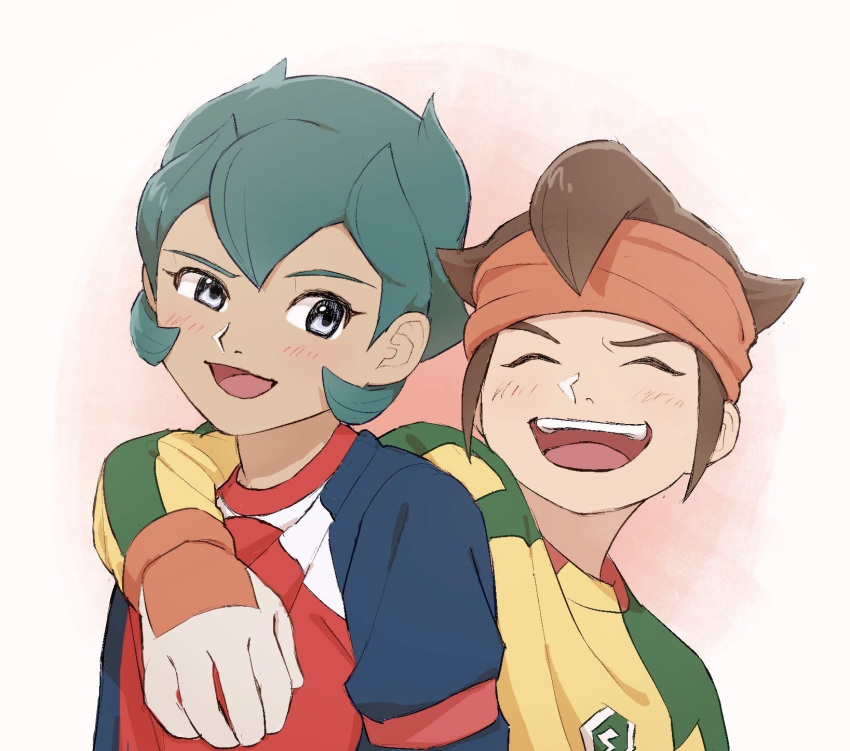 2boys blush brown_hair closed_eyes dark_skin fudou_akio gloves green_hair headband highres inazuma_eleven inazuma_eleven_(series) looking_at_another male_focus multiple_boys rococo_urupa smile