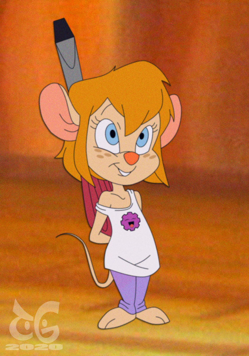 aged_down blonde_hair blue_eyes child chip_'n_dale_rescue_rangers clothing disney female gadget_hackwrench hair hi_res mammal mouse murid murine rodent screwdriver shirt tools toongrowner topwear young