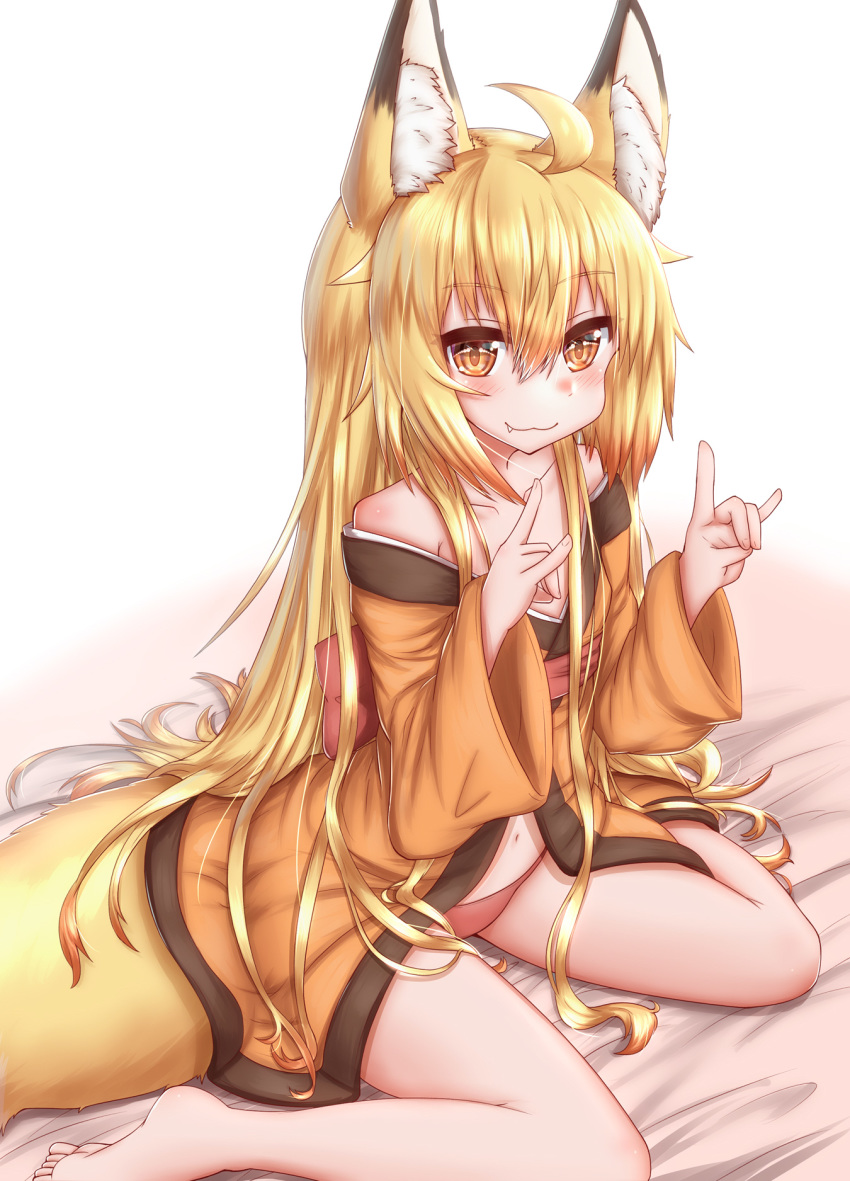 2020 ahoge animal_humanoid barefoot blonde_hair canid canid_humanoid canine canine_humanoid clothing female fluffy fluffy_tail fox_humanoid fur hair hi_res horokusa0519 humanoid inner_ear_fluff kitsune_sign kneeling long_hair looking_at_viewer mammal mammal_humanoid navel orange_eyes smile solo translucent translucent_hair tuft underwear white_body white_fur yellow_body yellow_fur