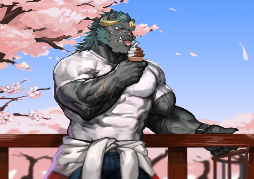 5_fingers abs absurd_res anthro biceps black_body black_fur blue_bottomwear blue_clothing blue_hair blue_pants blue_sky bottomwear cherry_blossom claws clothed clothing clothing_around_waist dessert eating fangs felid fingers flower food fur hair hi_res holding_food holding_object ice_cream krampus_(housamo) male mammal muscular muscular_male pantherine pants pecs petals plant railing shirt sky solo tokyo_afterschool_summoners tongue tongue_out topwear traver009 tree vein video_games whiskers white_clothing white_shirt white_topwear