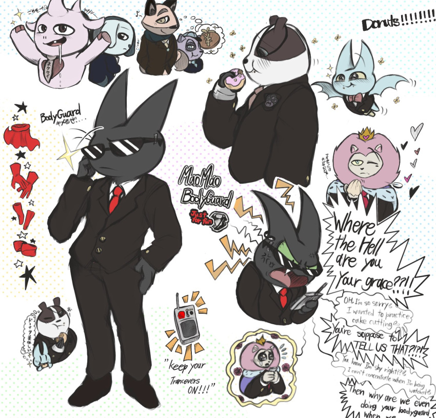 adorabat anthro badger badgerclops bodyguard canid canine canis cartoon_network chiropteran clothing domestic_cat domestic_dog english_text eyewear felid feline felis female fox group hi_res japanese_text king king_snugglemagne_xxv lion male mammal mao_mao:_heroes_of_pure_heart mustelid musteline necktie ol'_blue pantherine pinky_(mao_mao) procyonid raccoon reggie_(mao_mao:_heroes_of_pure_heart) rhinocerotoid rinne_smiley royalty rufus_(mao_mao:_heroes_of_pure_heart) sheriff_mao_mao_mao suit sunglasses text walkie_talkie