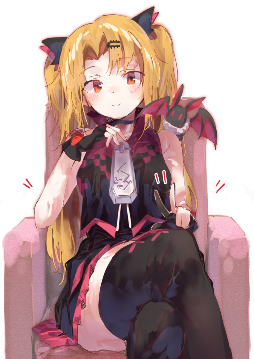 1girl akatsuki_uni animal animal_on_shoulder armchair bangs bare_shoulders bat black_dress black_gloves black_legwear blonde_hair blush bow brown_eyes chair closed_mouth commentary_request crossed_legs dress eyebrows_visible_through_hair feet_out_of_frame frilled_dress frills gloves hair_ornament hairclip hand_up highres long_hair on_chair parted_bangs partly_fingerless_gloves ramu_(taka1995) red_bow simple_background sitting sleeveless sleeveless_dress smile solo thighhighs two_side_up uni_channel very_long_hair virtual_youtuber white_background