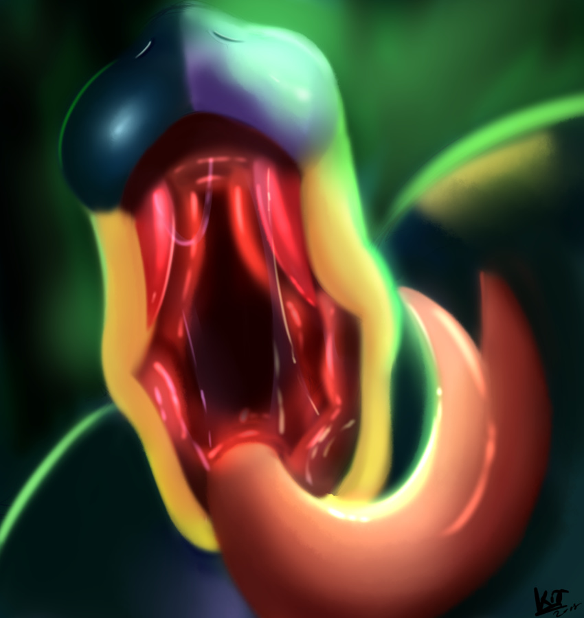 2018 ambiguous_gender blue_body blue_markings bodily_fluids dated digital_media_(artwork) digital_painting_(artwork) drooling feral forked_tongue green_background green_body hi_res markings mouth_shot nintendo nude open_mouth pink_tongue pok&eacute;mon pok&eacute;mon_(species) presenting_mouth reptile saliva saliva_string scalie seviper shaded signature simple_background solo throat tinymunch tongue tongue_out video_games yellow_body yellow_markings