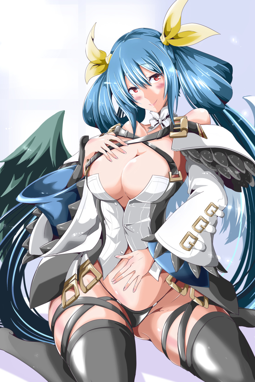 absurdres asymmetrical_wings belt blue_hair blush breasts choker detached_sleeves dizzy_(guilty_gear) guilty_gear guilty_gear_xrd hair_ribbon hair_rings hand_on_own_chest highres large_breasts long_hair midriff panties red_eyes ribbon sika_(kakakaka) smile tail thick_thighs thigh_strap thighhighs thighs twintails underwear very_long_hair wings