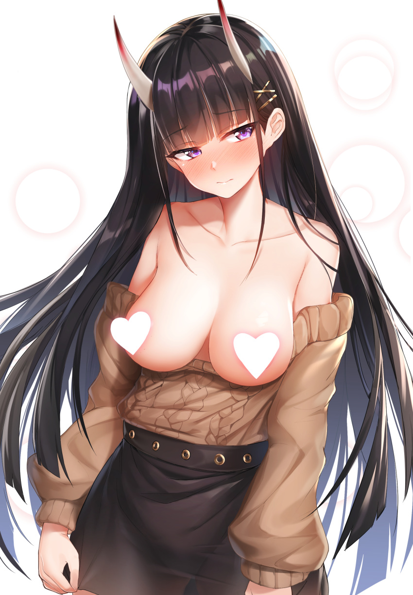 1girl absurdres ajifurai aran_sweater azur_lane bangs bare_shoulders belfast_(azur_lane) belfast_(azur_lane)_(cosplay) belfast_(shopping_with_the_head_maid)_(azur_lane) black_hair black_skirt blush breasts breasts_outside brown_sweater censored cleavage closed_mouth collarbone commentary_request cosplay eyebrows_visible_through_hair food hair_ornament hairclip head_tilt heart heart_censor highres large_breasts long_hair long_sleeves looking_at_viewer nose_blush noshiro_(azur_lane) off-shoulder_sweater off_shoulder oni_horns pencil_skirt purple_eyes sidelocks skirt solo standing sweater translated very_long_hair x_hair_ornament