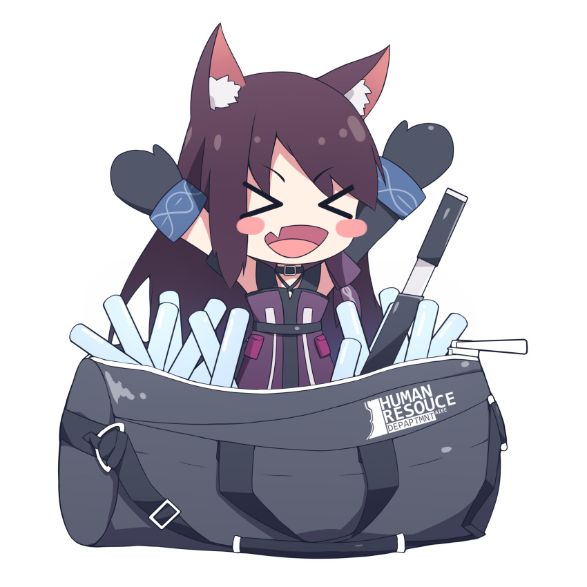 &gt;_&lt; 1girl :d absurdres aiee animal_ear_fluff animal_ears arknights arms_up bag cat_ears chibi choker duffel_bag gloves highres long_hair melantha_(arknights) open_mouth red_hair smile sword weapon xd