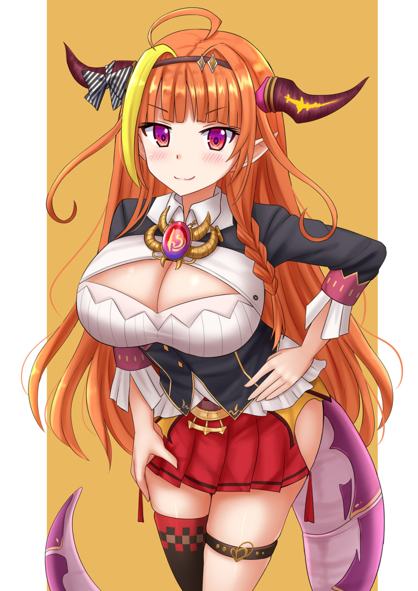 1girl ahoge black_jacket black_legwear breasts brooch cleavage cleavage_cutout commentary cowboy_shot dragon_girl dragon_horns dragon_tail framed_breasts hairband hand_on_hip highres hololive horns jacket jewelry kazenokaze kiryuu_coco large_breasts leg_belt long_hair long_sleeves looking_at_viewer miniskirt multicolored_hair orange_hair pillarboxed pleated_skirt pointy_ears red_eyes red_skirt shirt side_slit sidelocks single_thighhigh skindentation skirt smile smug solo streaked_hair tail thighhighs thighs v-shaped_eyebrows very_long_hair virtual_youtuber white_shirt wing_collar zettai_ryouiki