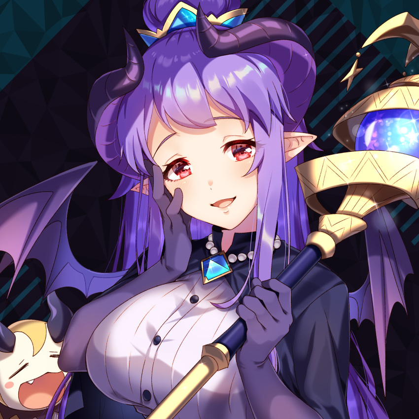 1girl :d absurdres bangs black_cape blush breasts cape character_request curled_horns demon_girl demon_horns demon_wings eyebrows_visible_through_hair hair_bun hand_on_own_face hands_up highres holding holding_staff horns ichiren_namiro large_breasts long_hair looking_at_viewer open_mouth orb pointy_ears princess_connect! princess_connect!_re:dive purple_hair purple_wings red_eyes shirt smile solo staff upper_body white_shirt wings