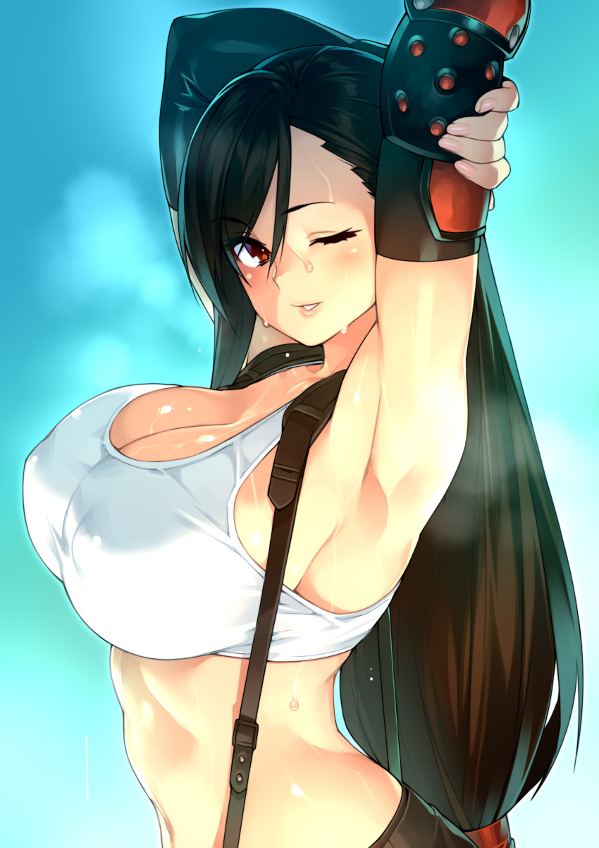 1girl 23_(real_xxiii) absurdres armpits arms_up black_gloves blue_background breasts brown_hair cleavage covered_nipples crop_top elbow_gloves elbow_pads final_fantasy final_fantasy_vii fingerless_gloves from_side gloves highres large_breasts long_hair looking_at_viewer looking_to_the_side low-tied_long_hair navel one_eye_closed parted_lips red_eyes sleeveless smile solo steaming_body stretch suspenders sweat tifa_lockhart toned upper_body very_long_hair