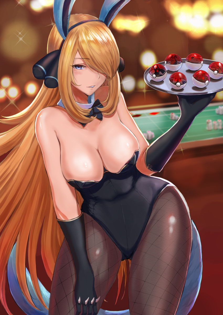 1girl animal_ears ball blonde_hair blue_eyes blush breasts bunny_ears bunny_girl bunnysuit cleavage elbow_gloves garchomp gloves hair_ornament hair_over_one_eye highres holding holding_plate jojobirdz long_hair looking_at_viewer lucario medium_breasts milotic plate poke_ball poke_ball_(generic) pokemon pokemon_(game) pokemon_dppt pokemon_platinum roserade shirona_(pokemon) smile solo spiritomb tagme togekiss very_long_hair