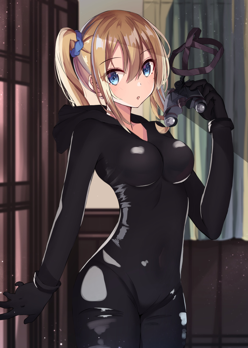 1girl absurdres bangs binoculars black_bodysuit black_gloves blonde_hair blue_eyes blue_scrunchie blurry blurry_background blush bodysuit breasts commentary_request cowboy_shot curtains depth_of_field door eyebrows_visible_through_hair gloves hair_between_eyes hair_ornament hair_scrunchie hand_up hayasaka_ai high_ponytail highres holding hood hood_down hooded_bodysuit indoors kaguya-sama_wa_kokurasetai_~tensai-tachi_no_renai_zunousen~ long_sleeves medium_breasts norazura parted_lips scrunchie side_ponytail sidelocks solo standing