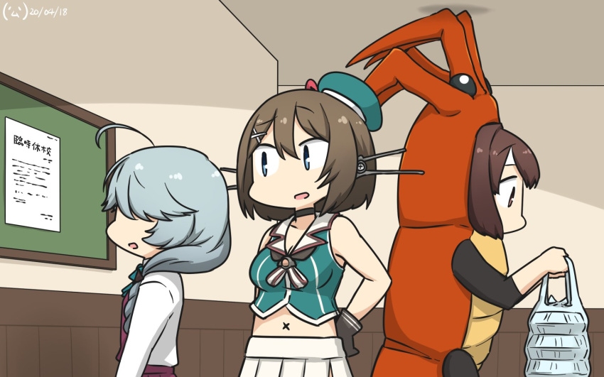 3girls ahoge alternate_costume black_gloves black_ribbon blue_eyes braid breasts brown_eyes brown_hair commentary_request dated from_side gloves grey_hair hair_ornament hair_over_eyes hair_over_shoulder hair_ribbon hairclip hamanami_(kantai_collection) hamu_koutarou hands_on_hips headgear highres ise_(kantai_collection) kantai_collection large_breasts lobster_costume long_hair long_sleeves looking_down looking_to_the_side maya_(kantai_collection) multiple_girls pleated_skirt remodel_(kantai_collection) ribbon school_uniform serafuku shirt short_hair signature single_braid skirt sleeveless translation_request white_shirt x_hair_ornament