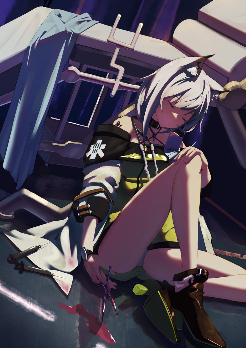 absurdres animal_ear_fluff animal_ears arknights blood cat_ears high_heels highres kal'tsit nabi_(ybbvgvgvg) ore_lesion_(arknights) panties pantyshot scissors short_hair sitting sleeping syringe underwear white_hair white_panties