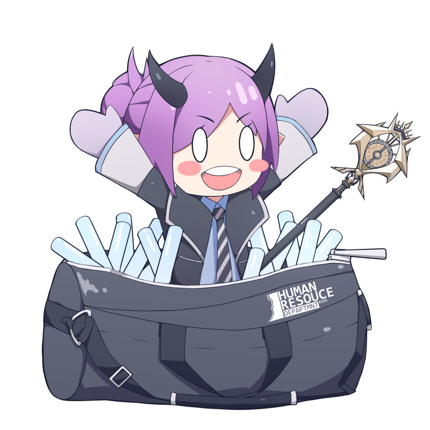 1girl absurdres aiee arknights bag chibi duffel_bag gloves hibiscus_(arknights) highres horns purple_hair solo staff weapon