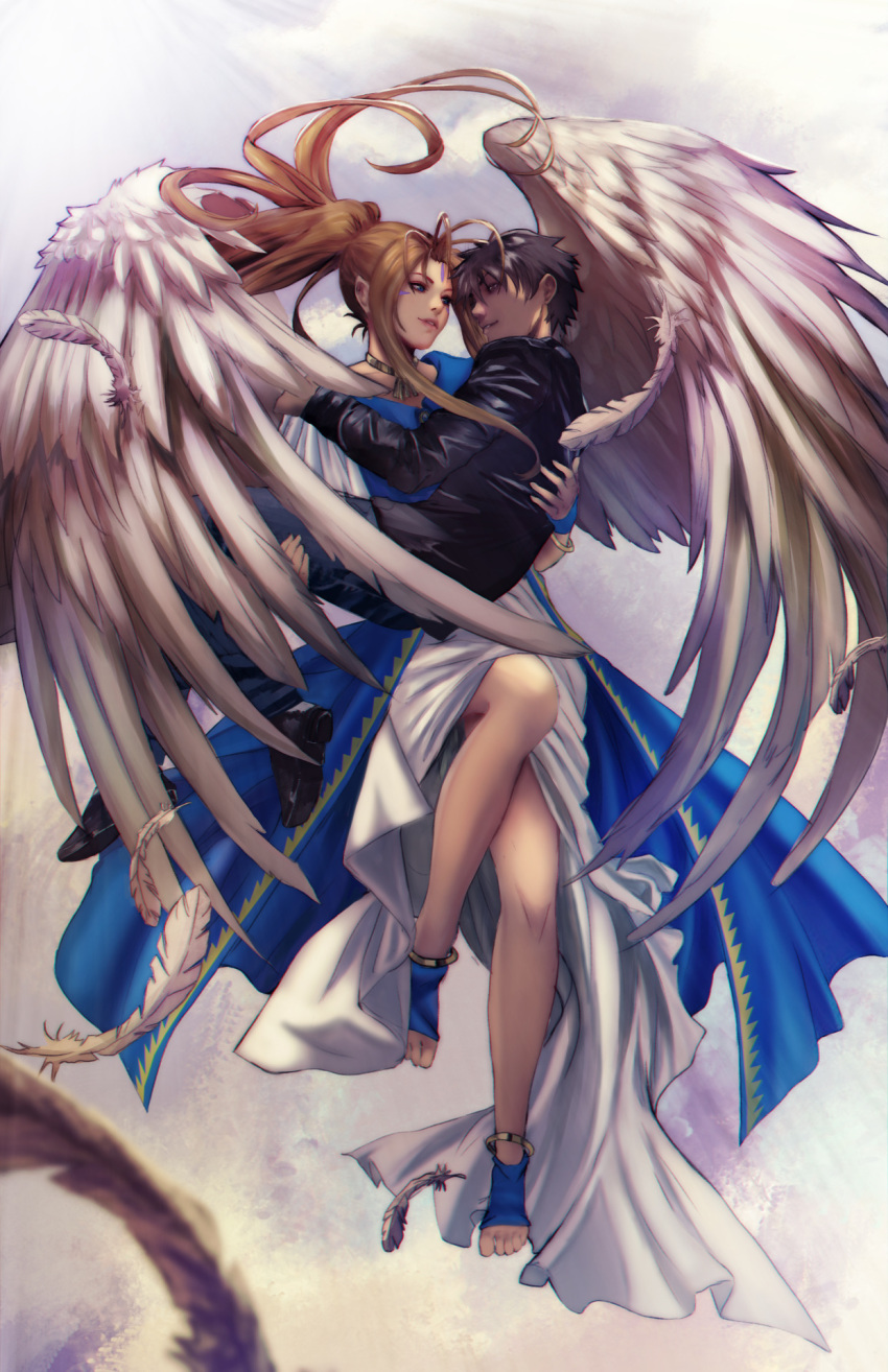 1boy 1girl aa_megami-sama angel_wings bare_legs belldandy black_hair blue_eyes bracelet brown_eyes brown_hair carrying dress facial_mark feathered_wings feathers forehead_mark highres jacket jewelry legs long_hair looking_at_another morisato_keiichi ponytail princess_carry short_hair thighs very_long_hair vibratix white_wings wings