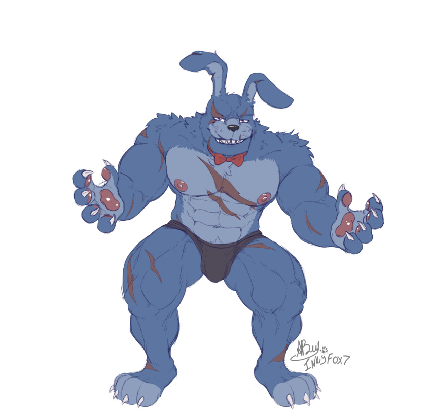 4_toes 5_fingers anthro black_clothing black_underwear blue_body blue_fur bulge claws clothed clothing fingers five_nights_at_freddy's five_nights_at_freddy's_4 fur grin hi_res inkart_flow lagomorph leporid looking_at_viewer male mammal nightmare_bonnie_(fnaf) pawpads pink_pawpads purple_eyes rabbit scar sharp_teeth simple_background smile solo standing teeth toe_claws toes topless underwear video_games white_background