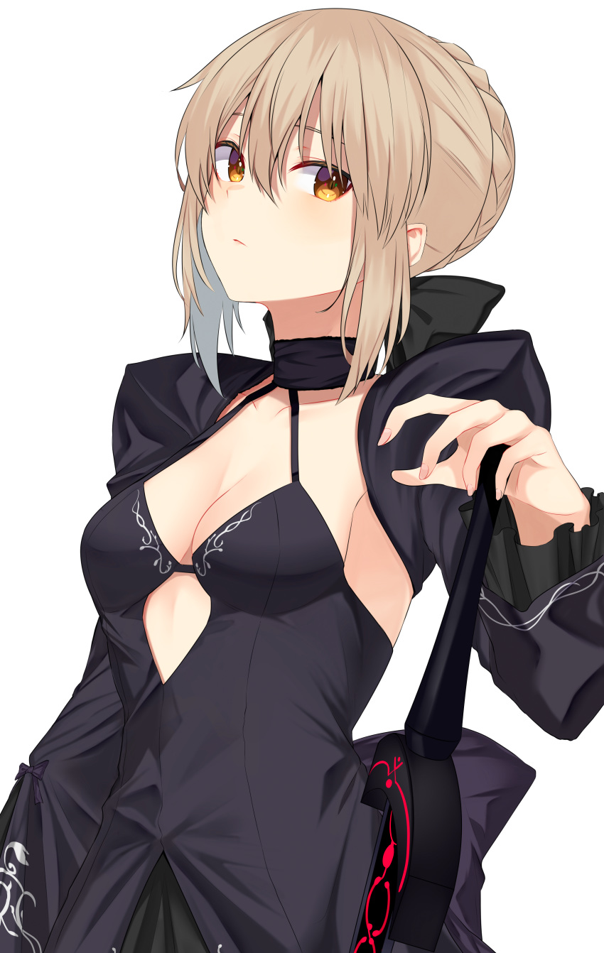 1girl absurdres ahoge artoria_pendragon_(all) bangs blonde_hair braid breasts cleavage commentary_request dark_excalibur dress eyebrows_visible_through_hair fate/grand_order fate_(series) hair_between_eyes hair_ribbon highres jun_(540000000000000) looking_at_viewer medium_breasts ribbon saber_alter short_hair simple_background solo sword weapon white_background yellow_eyes
