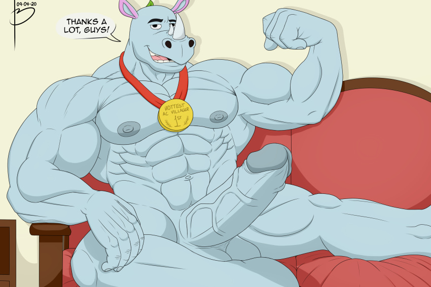 2020 3:2 5_fingers abs animal_crossing anthro bayron_(artist) big_penis black_eyes english_text erection eyebrows fingers flexing furniture genitals gold_medal hi_res horn jewelry leaf light_blue_skin looking_at_viewer male mammal medal muscular muscular_male necklace nintendo nipples nude penis pose rhinocerotoid smile sofa solo tank_(animal_crossing) teeth text vein veiny_penis video_games