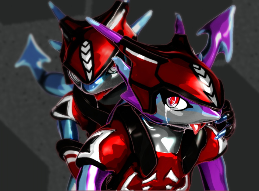 2020 3d_(artwork) all_fours anthro armor bodily_fluids bokeh crying digital_media_(artwork) dragonewt grey_background male purple_body purple_skin red_eyes saliva sdx3 simple_background tears tongue tongue_out