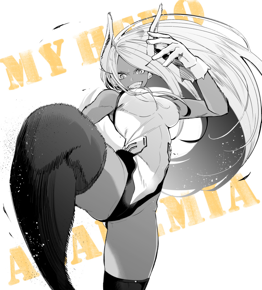 1girl absurdres animal_ears ass_visible_through_thighs bangs boku_no_hero_academia breasts bunny_ears commentary copyright_name cowboy_shot gloves greyscale grin highres kicking large_breasts leotard long_hair looking_at_viewer monochrome motion_blur natsupa parted_bangs simple_background sleeveless smile solo standing standing_on_one_leg teeth thighhighs thighs toned usagiyama_rumi white_background