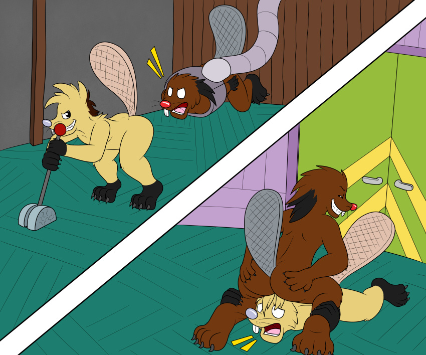 absurd_res beaver brother brown_body brown_fur buckteeth butt daggett_beaver doggettdouglasmcdog duo facesitting fur hi_res leaning lever male mammal nickelodeon norbert_beaver rodent shocked sibling smile split_screen teeth the_angry_beavers