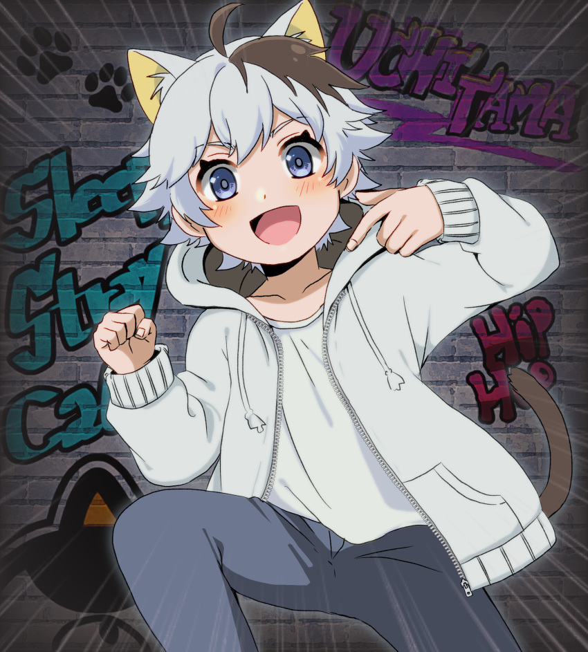 1boy absurdres animal_ears blush brick_wall brown_hair cat_boy cat_ears cat_tail english_text extra_ears graffiti highres looking_at_viewer male_focus motion_lines multicolored_hair oginy okamoto_tama open_mouth silver_hair smile tail tama_&amp;_friends two-tone_hair uchi_no_tama_shirimasen_ka?