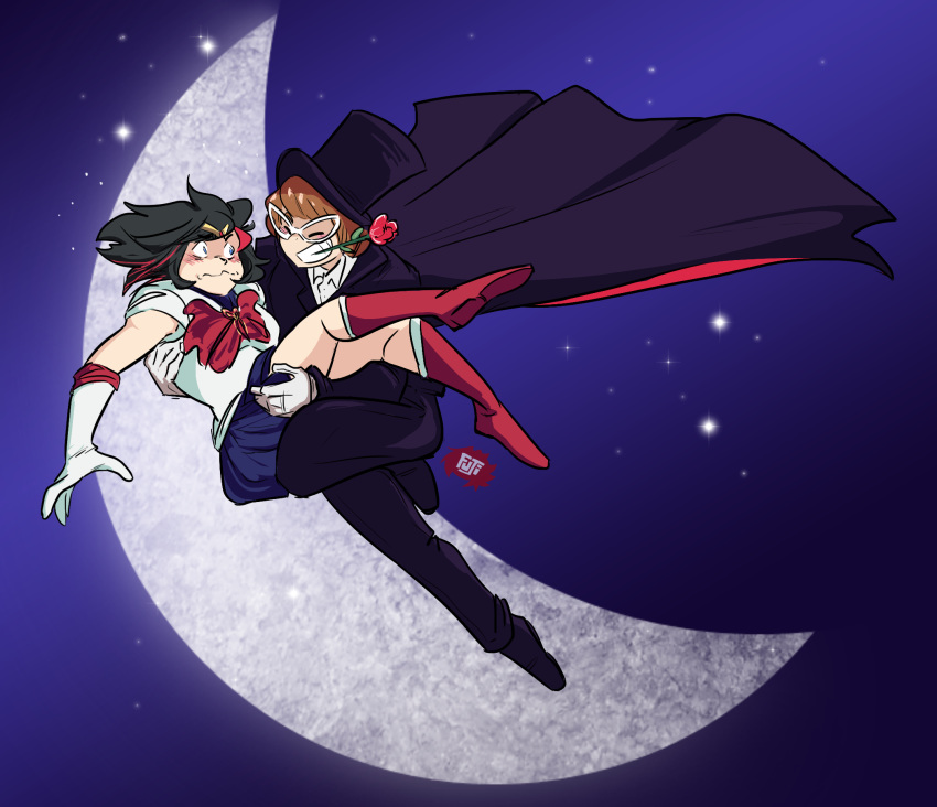 carrying cosplay fujifingerz_(artist) highres kill_la_kill mankanshoku_mako matoi_ryuuko md5_mismatch moon princess_carry sailor_moon sailor_moon_(cosplay) tuxedo_kamen tuxedo_kamen_(cosplay) yuri