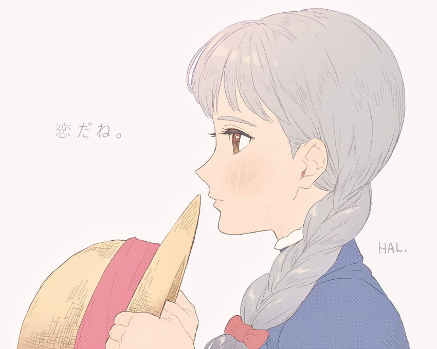 1girl blush braid brown_eyes closed_mouth grey_hair hat hat_removed headwear_removed holding holding_hat honoboooono howl_no_ugoku_shiro long_hair profile simple_background solo sophie_(howl_no_ugoku_shiro) upper_body white_background